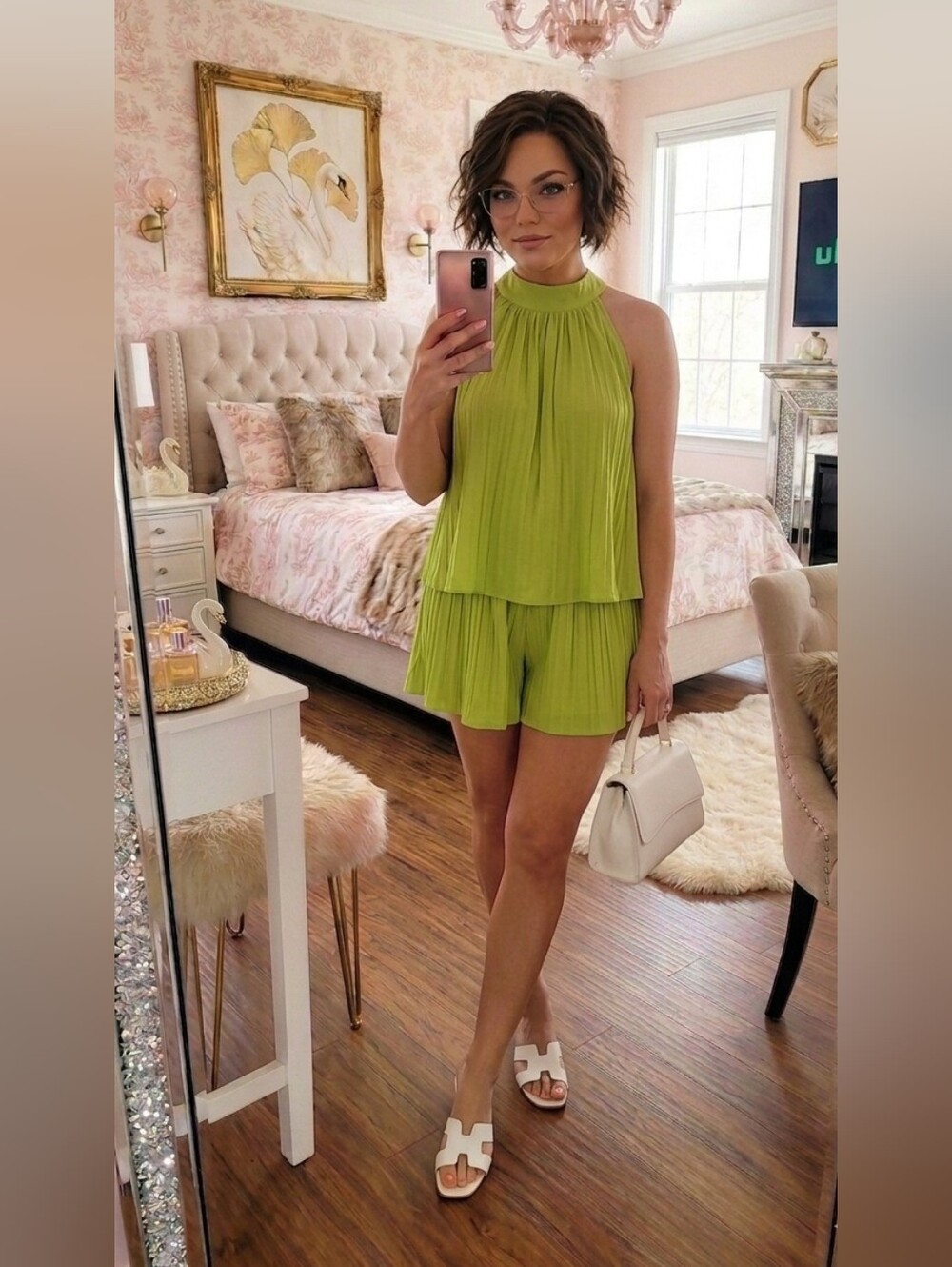 Women’s Lime Green Pleated Halter 2 Piece Shorts 3x